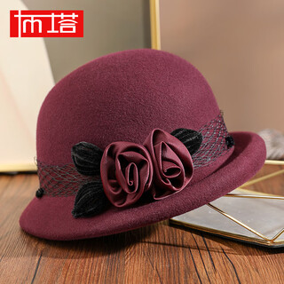 Ptah hat women's autumn and winter handmade flower hat beret warm wool felt hat versatile fashion retro burgundy