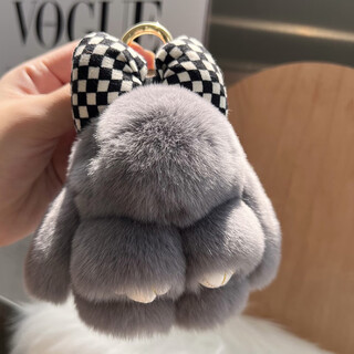 Tucker is suitable for cute real rex rabbit fur bow little rabbit car keychain pendant ins plush doll school bag dark gray