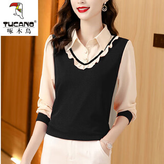 Woodpecker cotton long sleeve fake two-piece shirt women's new 2025 autumn clothes fashion splicing korean style western style age reduction black m reference 80-100jin jin is equal to 0.5 kg