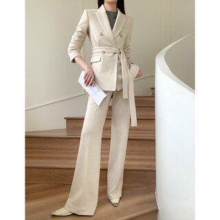 Sugargirl off-white woolen small suit jacket 2024 new autumn and winter thickened professional formal wear street wool suit jacket off-white short suit + bell pants two-piece set m
