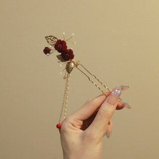 Mr. ouyang's new year's red rose fringe hairpin, chinese style u-shaped hairpin for women, ancient style cheongsam hair accessories, rose straight and large fork left