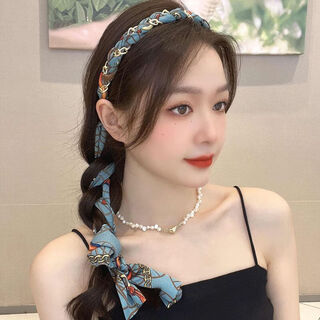 Suyi embroidery retro chain headband streamer headband one-piece satin fabric headdress temperament non-slip hair accessories blue streamer headband