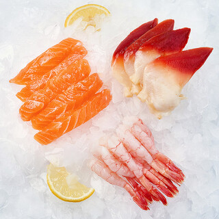 Chilled salmon, arctic shellfish, sweet shrimp, sashimi trio 150g