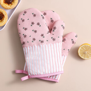 Household thickened insulation gloves oven baking anti-scalding and high temperature resistant gloves kitchen steamer microwave oven special gloves pink flowers
