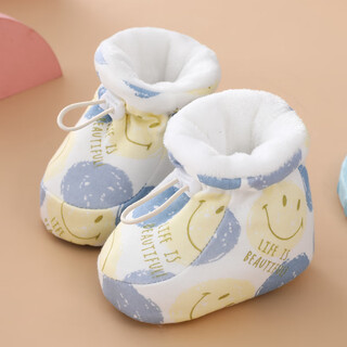 Qu'er bear autumn and winter 1-year-old baby boy and girl 6-11 months pre-toddler shoes with soft soles and velvet to keep warm and non-falling cotton shoes smiley face (thin velvet) 13 inner length 13cm recommended for 10-15 months