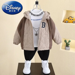 Disney (disney) boys' velvet jacket new street baby warm cotton clothes for boys and children autumn and winter thickened cotton clothes trendy khaki size 90 recommended height of about 85 centimeters