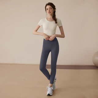 Youyou yoga wear women's summer high-level pilates suit short-sleeved fitness top with chest pad 34406dytz cream white + gray purple yoga pants fixed cup s