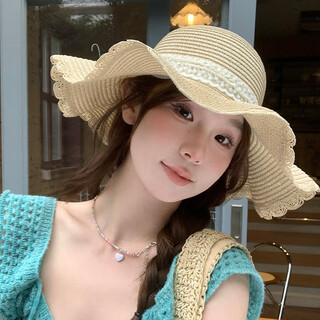 Yi jian lace bow straw hat large brim sun hat resort style beach seaside sun hat fairy beach hat lace ribbon straw hat beige (recommended head size is around 54-58)