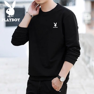Playboy (playboy) men's sweatshirt long-sleeved tops plus velvet bottoming shirt men's spring and autumn new simple round neck pure cotton loose large size sweatshirt black regular style xl (recommended 115-125jin jin equals 0.5 kg)