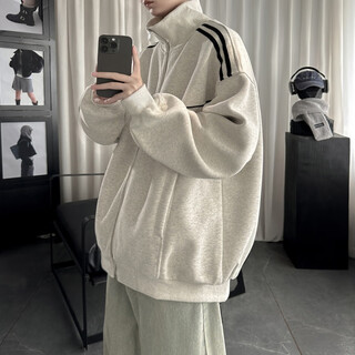 Pocket stand collar jacket men's spring and autumn new american trendy brand contrasting color striped handsome teenagers casual tops floral gray xl recommended 130-150jin jin equals 0.5 kg