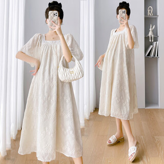 Maternity summer plus size top summer fashionable over-the-knee puff sleeves age-reducing embroidery summer maternity dress for women off-white l (recommended 120-138 jin jin equals 0.5 kg)