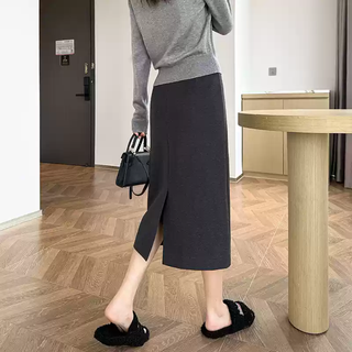 Ono qitian gray woolen skirt women's spring and autumn 2025 new mid-length straight slit a-line hip skirt dark gray regular l