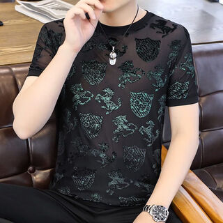 
ZHIDOUDOU flocking European goods men's ice silk hollow short-sleeved T-shirt men's 2023 summer top trendy clothes men 3892 green M -120Jin [Jin equals 0.5 kg]