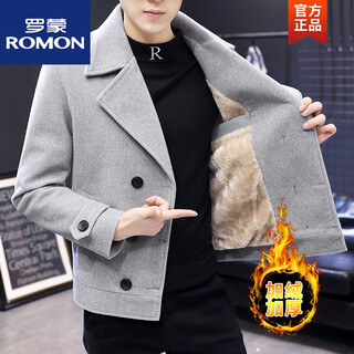 Romon winter woolen jacket men's velvet thickening korean version slim fit short woolen jacket double-breasted suit collar large clothes 932 gray plus velvet thickening xl