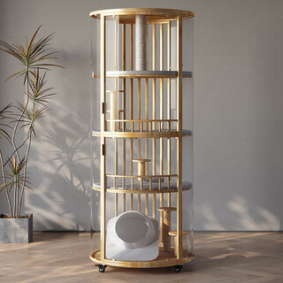 Xiaoweiyaya log color cylindrical cat villa 360 panoramic four-story movable cat house cat house cat house solid wood cat cage log color no mat cat litter box