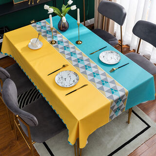 Bo ling lu high-end light luxury tablecloth waterproof, oil-proof, anti-scalding, no-wash pvc simple tablecloth 2023 latest coffee table mat new style - blue and yellow rhombus 138*180cm 95% dining table suitable