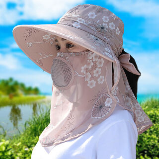 Jasmine edge cool ice silk fabric sun protection hat women's summer face-covering sun hat large brim versatile sun protection tea picking sun hat lotus pond moonlight ice silk fabric champagne color
