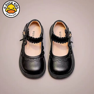 G.duck小黄鸭女童鞋子儿童软皮公主小皮鞋2025新款宝宝春季软底简约单鞋 黑色 （建议脚长加1cm下单） 30 （内长18.6cm）
