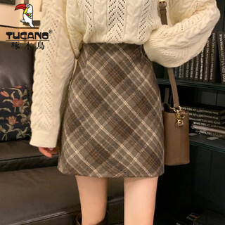 Woodpecker 2024 new autumn and winter woolen skirt college style retro high-waisted plaid skirt plaid hip-covering a-line skirt temperament brown elastic waist / inner trousers l recommended 105-120 jin jin equals 0.5 kg