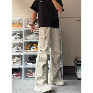 Bo mingchen плиссированные повседневные брюки для мужчин осенью и зимой новые американские комбинезоны с несколькими карманами красивые свободные прямые широкие брюки для мужчин абрикосового цвета l рекомендуется 120-135 jin jin равен 0,5 кг