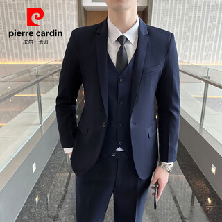 Pierre cardin casual suit men's slim business professional formal korean groomsmen's dress groom's host suit jacket one button navy suit + vest + pants belt 3xl