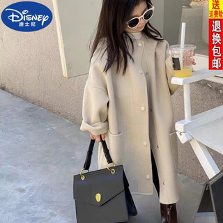 Disney (disney) high-end children's clothing medium-length girls' coat thickened woolen coat small and medium-sized children's woolen hooded coat winter windbreaker beige quilted 150