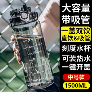 Wanjiaquan large-capacity water cup for men, drop-resistant and high-temperature-resistant plastic sports water bottle, student portable straw, summer graduated cup 1.5l, transparent black, 1500ml 1 piece