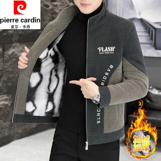 Pierre cardin winter velvet thickened short woolen coat men korean style slim fashion stand collar versatile woolen jacket gray thickened velvet 2xl 140-155jin jin equals 0.5 kg