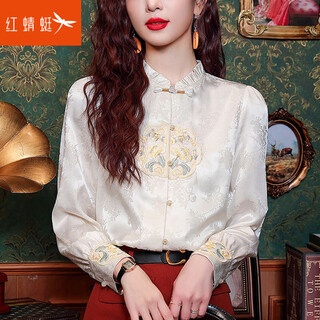 Red dragonfly new chinese style women's national style embroidered shirt early spring new top high-end horse face skirt matching shirt 815# apricot long sleeve l