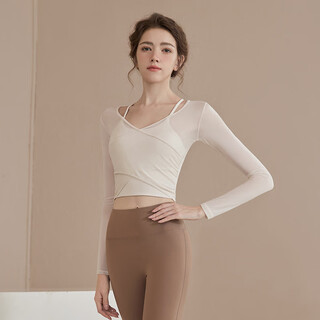 Luluuvttoh yoga wear women's suit summer new sexy tight pilates training wear fitness sports long sleeve top off-white top detachable s