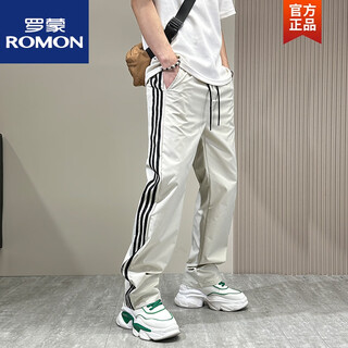 Romon men's trousers summer thin striped quick-drying casual trousers versatile loose straight trousers sports trousers beige gray l 120-140
