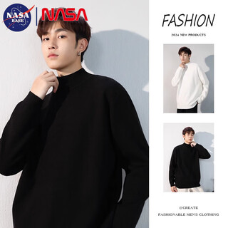 Nasa base half turtleneck sweater for men in autumn and winter new solid color versatile sweater for men plus velvet warm mid-collar inner layering shirt half turtleneck black xl (recommended 125-145jin jin equals 0.5 kg)
