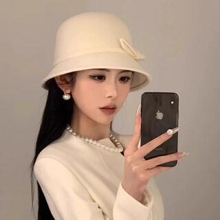 Miao yijia white thousand gold hat women's hat women's autumn and winter woolen fisherman hat felt hat basin hat winter hat hepburn style elegant hepburn style woolen fisherman hat white