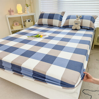 Lai shuo fitted sheet single piece pastoral style fully washed cotton brushed non-slip single bed cover simmons single printed mattress protector blue and white large grid 180*200cm fitted sheet + 2 pillowcases