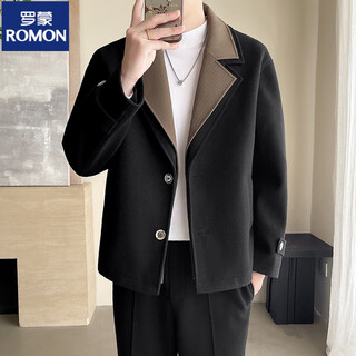 Romon double collar short windbreaker jacket men's autumn and winter high-end trendy contrast color splicing woolen coat suit jacket black xl