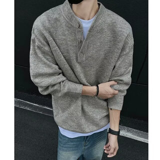 Tang hao autumn american henley collar casual sweater boys trendy versatile loose couples students handsome bottoming sweater gray xl