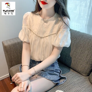 Woodpecker puff sleeve top 2026 new embroidery small fresh fashion design niche versatile western style top apricot m 95-110jin jin is equal to 0.5 kg