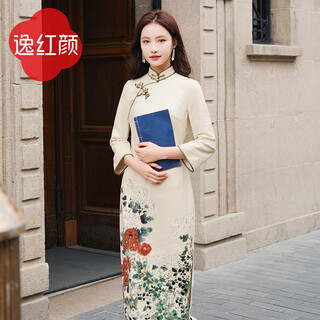 E.beauty nianchu 2025 autumn new arrival knitted positioning printed handmade copper wire disc button cheongsam for women champagne m