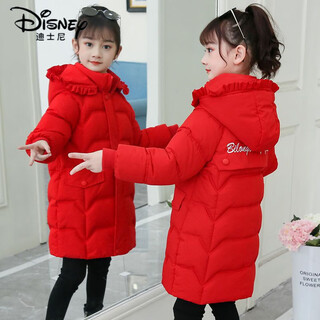 Disney mid-length girls' down jacket, medium and large children's style, 2025 autumn and winter new thickened girls' cotton-padded jacket, winter coat to celebrate the new year, red, thickened embroidered letters, size 160, recommended height around 155cm