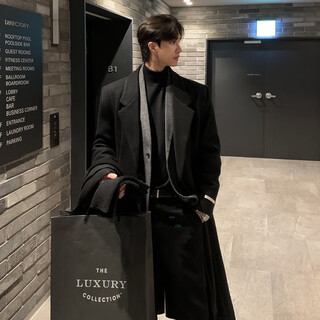 Cuchohomme new large shoulder width loose woolen coat men's winter thickened woolen long over the knee korean style men's windbreaker jacket black (cotton version) l