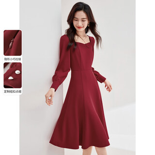 Shandubila high-end dress for women, spring and autumn temperament, square collar, mid-length inner bottoming hepburn style skirt