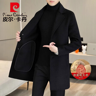 Pierre cardin woolen woolen coat men's mid-length double-sided woolen suit spring and autumn jacket men's high-end woolen windbreaker knitted m18021 black (fleece double-sided woolen) xl (130-140jin jin is equal to 0.5kg)