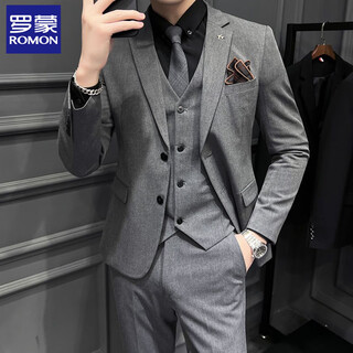 Romon groom's suit men's business professional formal wedding dress casual british style slim suit men's medium gray 2-piece suit + pants + shirt + xl 123-134jin jin equals 0.5 kg wear