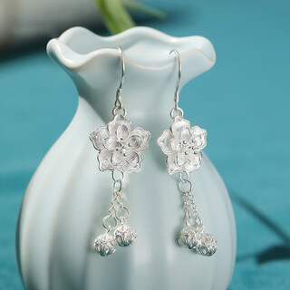 Jiuchangshi 99 sterling silver plum blossom earrings for women, chinese style hanfu accessories, antique silver earrings, birthday gifts for girls, 99 pure silver earrings