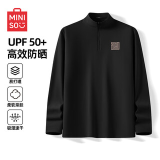 Miniso quick-drying t-shirt men's spring and autumn new long-sleeved bottoming shirt half-zip stand-up collar sports outdoor running sun protection cycling jersey black (return seal body chest logo) m /170 (upgraded technology to absorb moisture and dry quickly)