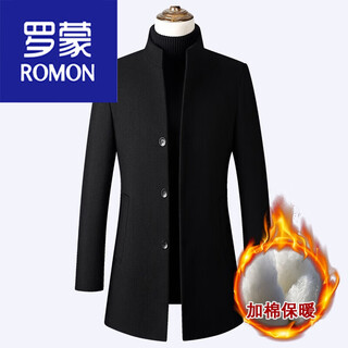 Romon autumn and winter windbreaker men's woolen woolen coat men's medium-length british woolen coat korean version slim fit stand-up collar trendy black/stand-up collar plus cotton plus. thickness 9002 l /175 recommended 135jin jin equals within 0.5 kg