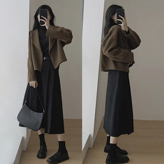 Xue fei lan qi autumn and winter dress 2025 new women's autumn matching temperament suit woolen coat french high-end skirt brown woolen jacket + inner wear + black skirt m recommended 95-110 jin jin equals 0.5 kg