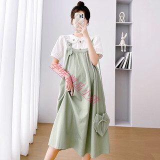Maternity suspenders summer loose 2025 new small summer suspender dress pregnant mother summer skirt shirt + green suspender skirt (two-piece set) l recommendation 110-125 jin jin equals 0.5 kg