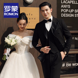 Romon tuxedo dress groom wedding suit men's british double-breasted slim suit men's three-piece suit 2503 double-breasted black (suit+vest+trousers xl