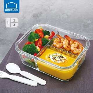 Lock&lock heat-resistant glass fresh-keeping microwaveable refrigerated three-part lunch box for office workers and students fruit lunch box with fork and spoon 1l